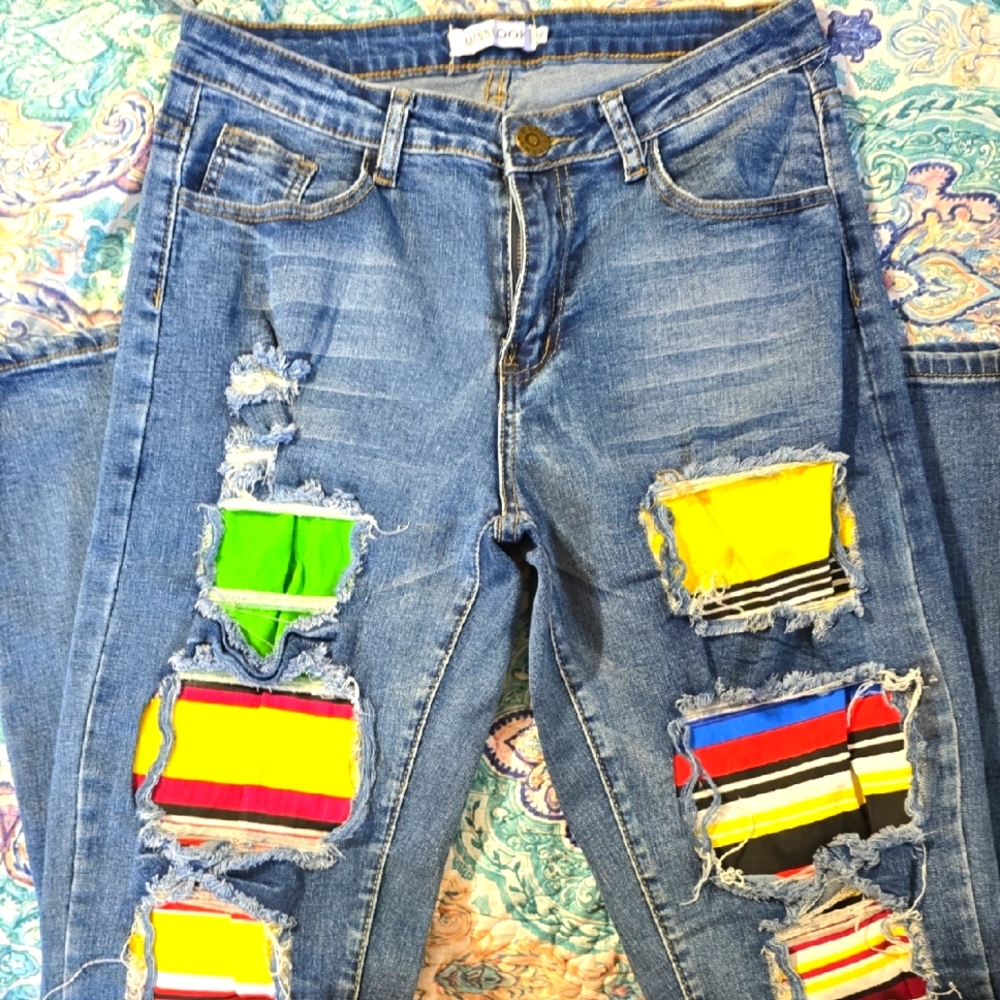 MISSLOOK Blue Skinny Jeans with Multicolor Patches